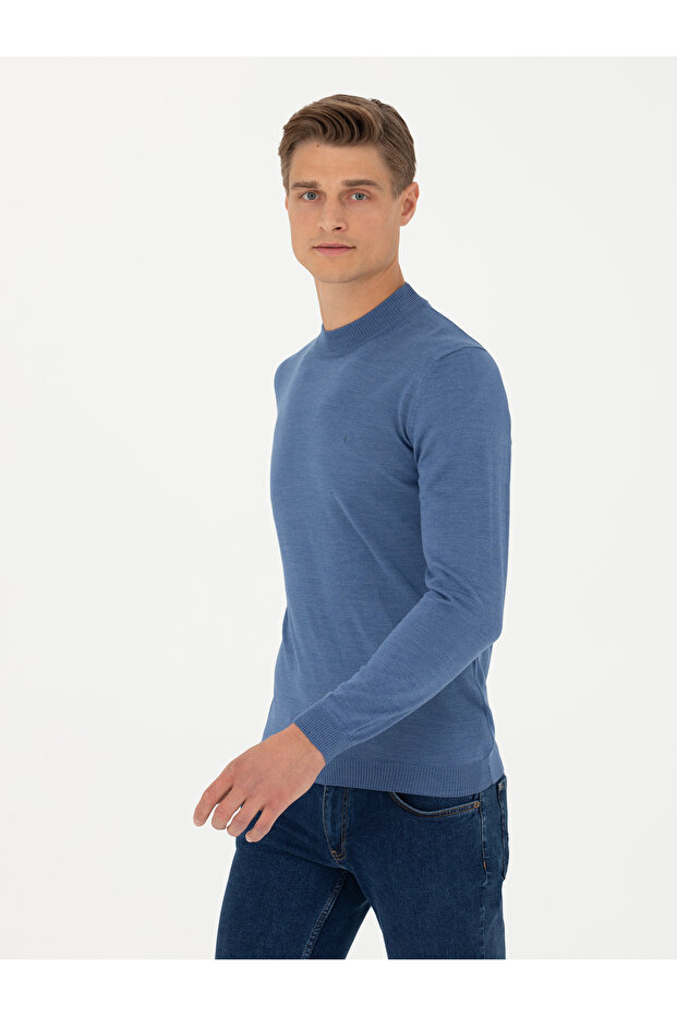 Dark Blue Slim Fit Quarter Turtleneck Knitwear Sweater 50276521-Vr032