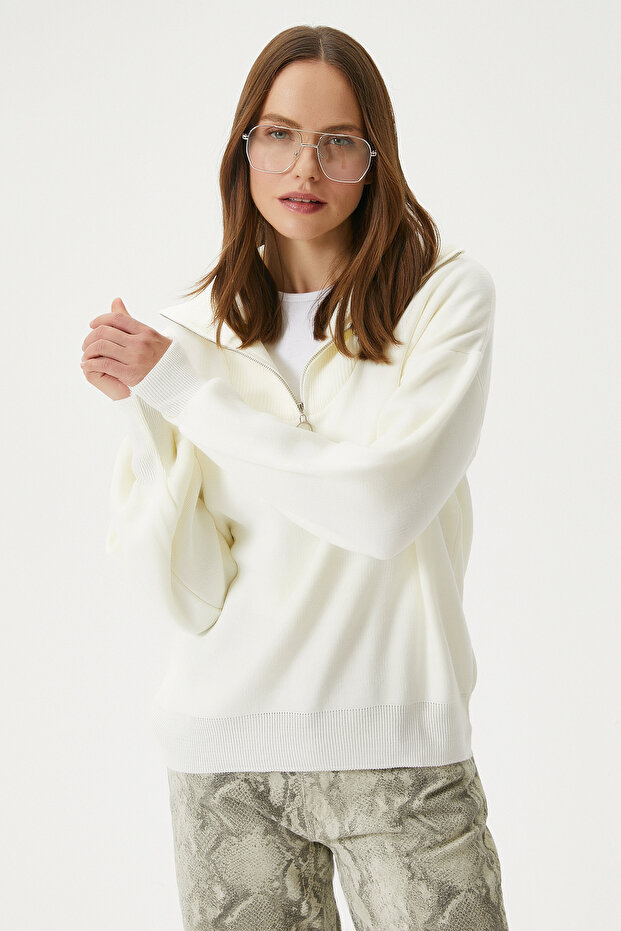 Kadın Bruno Basic Fermuarlı Krem Kazak - 2