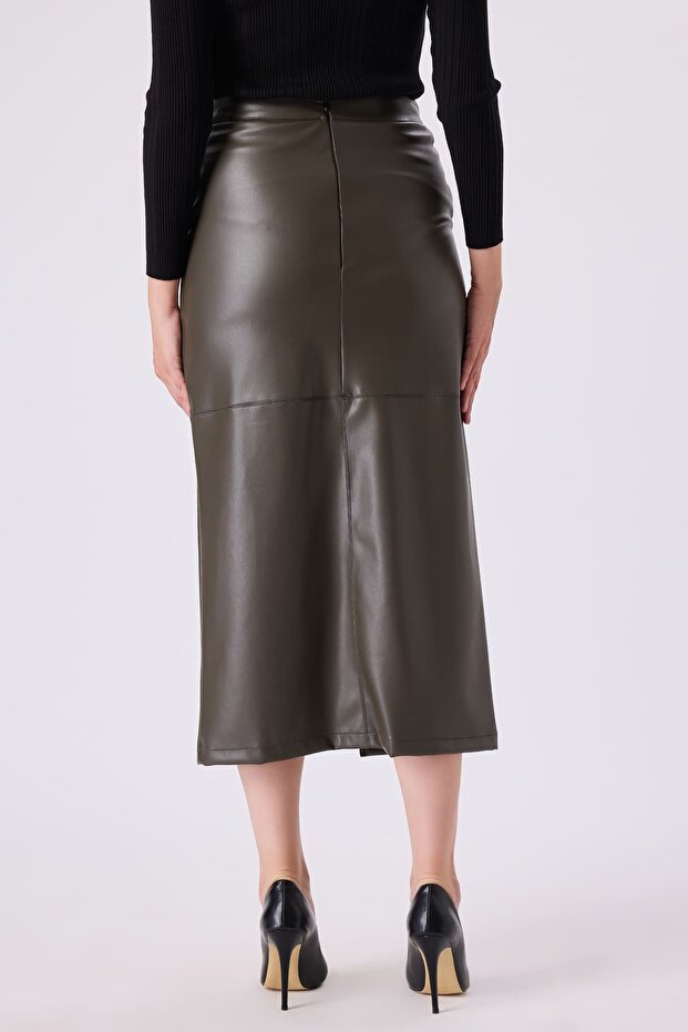 Yırtmaç detaylı deri etek - 3
