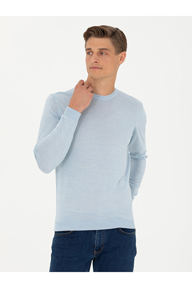 Light Blue Slim Fit Crew Neck Knitwear Sweater 50270174-Vr003