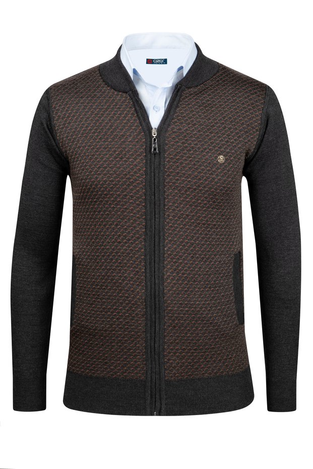 Men's Knitwear Cardigan Anthracite Zippered Pocket Detailed Patterned Steel Knit Classic Fit - 5011K