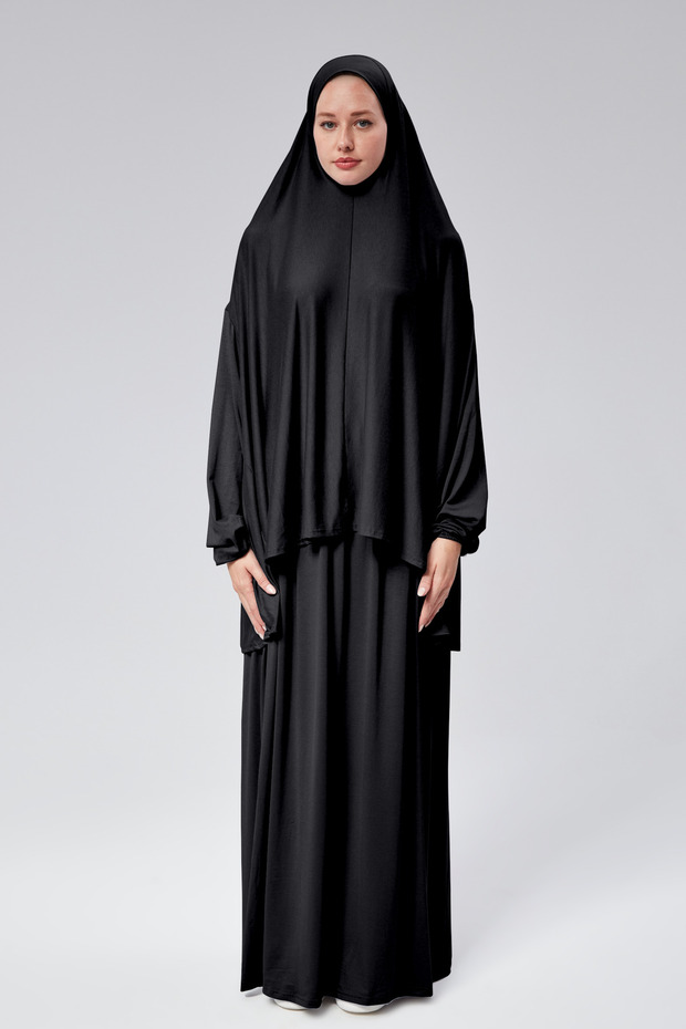 Women's Two-Piece Prayer Dress with Headscarf, Organic Cotton, Elastic Sleeves, Non-Slip Skirt, Combed Cotton, Hijab