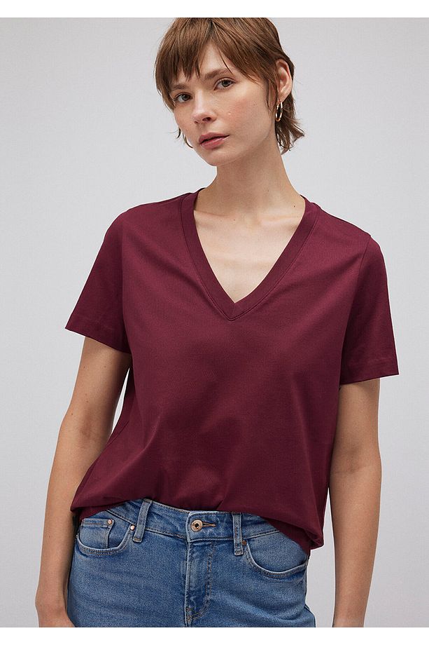 Pamuklu Merserize V Yaka Bordo Basic Tişört Regular Fit / Normal Kesim 1612701-70415 - 2