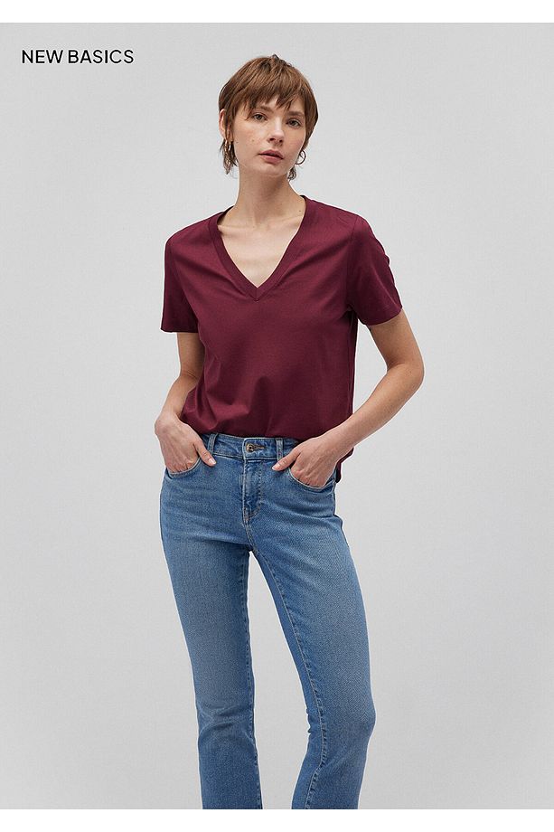 Pamuklu Merserize V Yaka Bordo Basic Tişört Regular Fit / Normal Kesim 1612701-70415 - 1