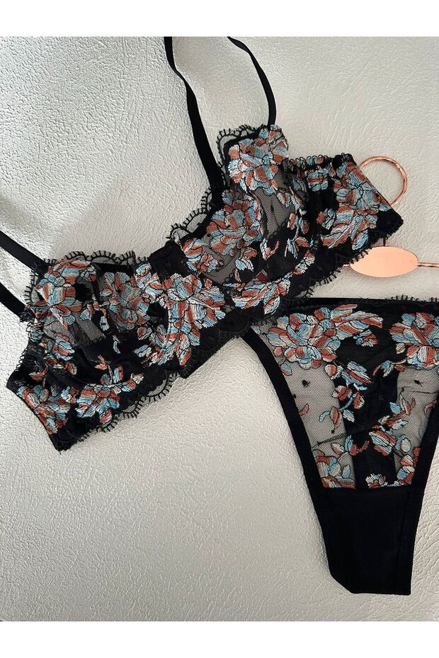 Patterned Embroidery Bra Set - 4