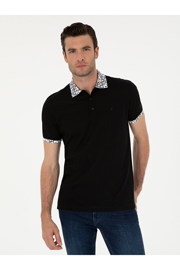 Black Slim Fit Polo Neck Mercerized T-Shirt 50284293-Vr046