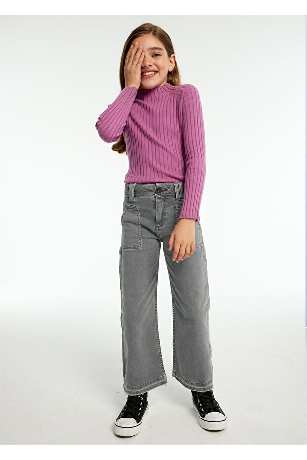 Girl's Ribbed Flared Trousers Gray 7546