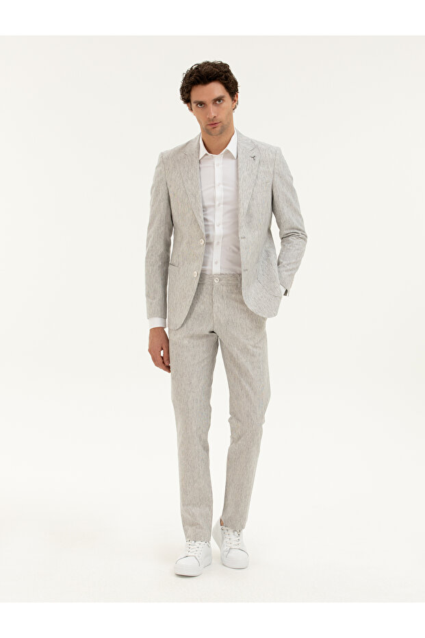 Light Gray Slim Fit Linen Blended Fabric Trousers 50284615 -Vr001