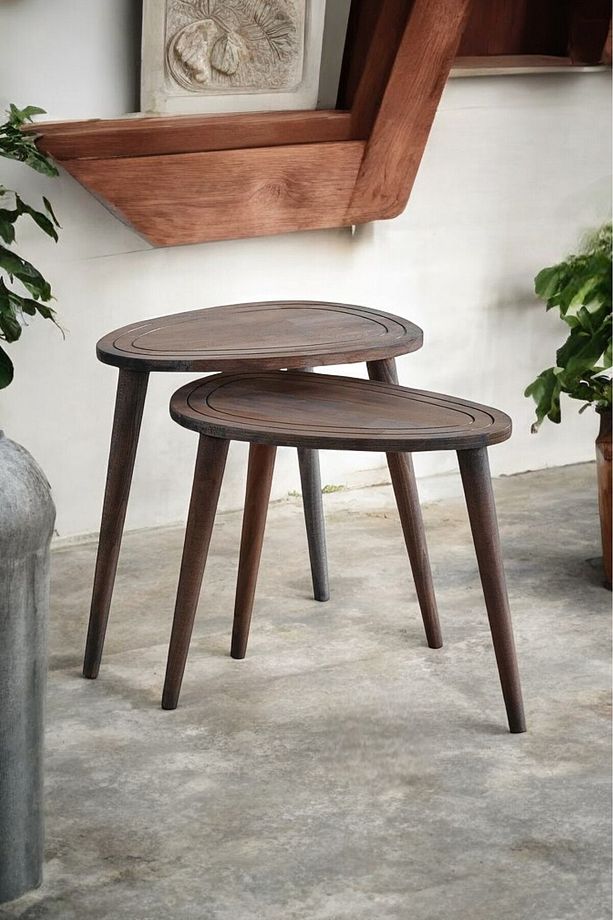 Masif Doğal Ahşap Zigon Sehpa 2'li Set, Modern Masif Yan Sehpa - 3