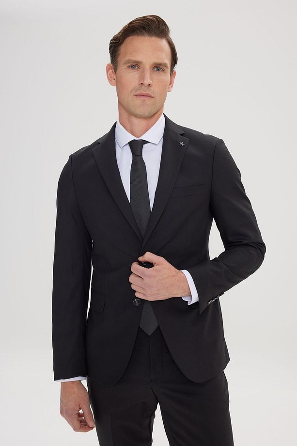 Erkek Siyah Slim Fit Dar Kesim Mono Yaka Takım Elbise - 5
