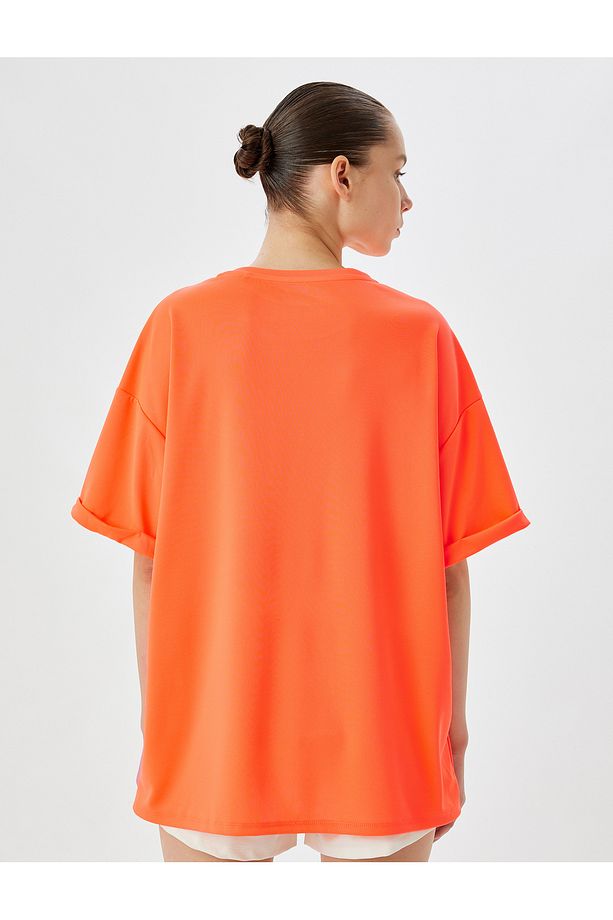 Oversize Spor Tişört Slogan Baskılı Bisiklet Yaka Kısa Kollu - 4