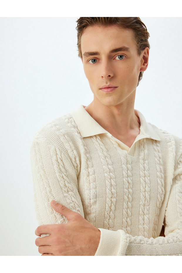 Slim Fit Sweater Textured Polo Collar Cotton Blend