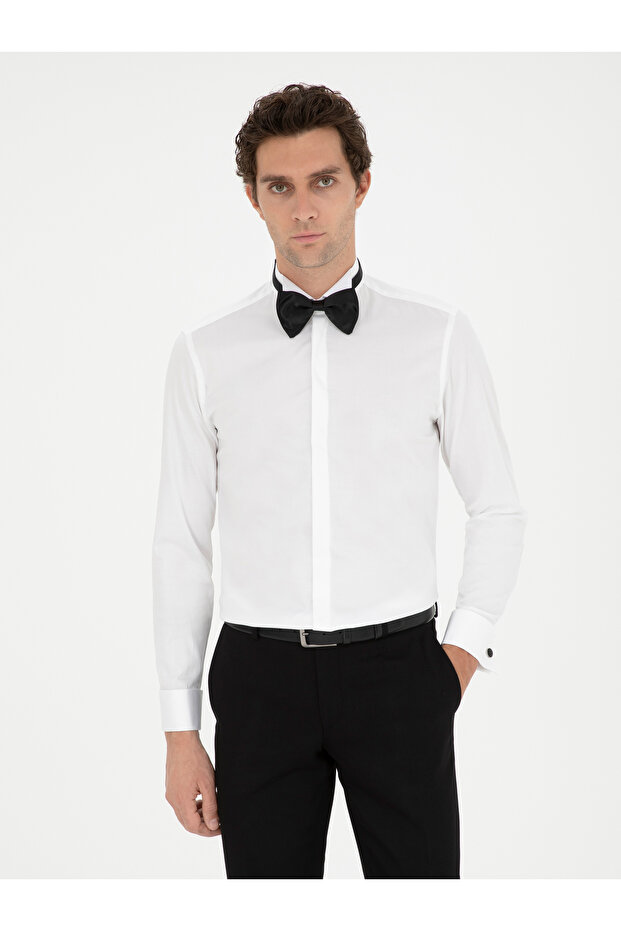White Slim Fit Cotton Blend Cuffed Tuxedo Shirt 50287298-Vr013