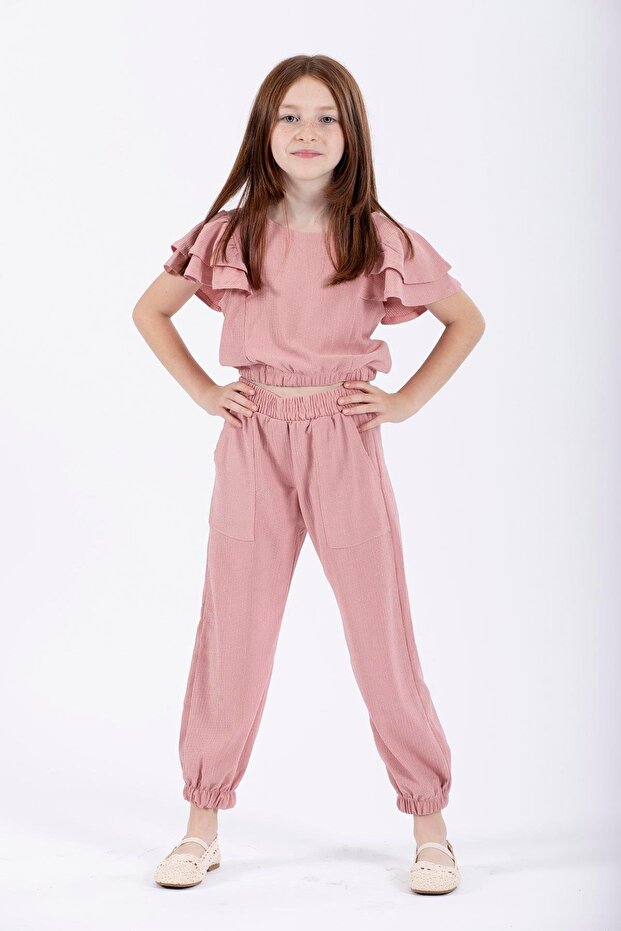 Crew Neck Lacquer Elastic Dusty Rose Color Girl's Double Suit