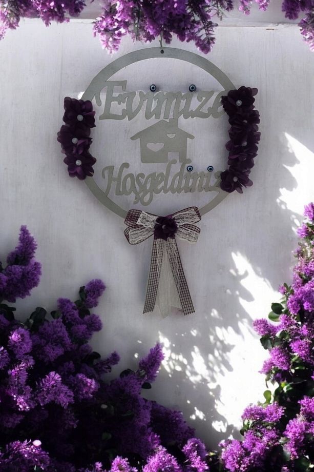 Evimize Hoşgeldiniz Ahşap Kırmızı Çiçekli Kapı Süsü - 2