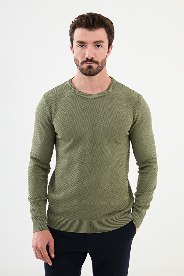 Patterned Slim Fit Crew Neck Men's Knitwear Sweater Khaki - 11508.24K