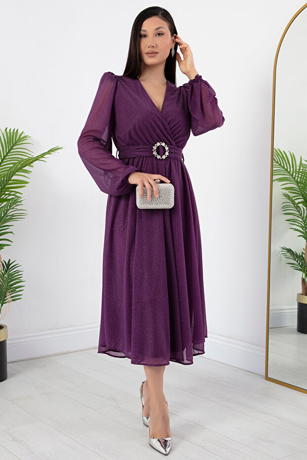 Kruze Yaka Simli Tül Elbise GRS3590 - 4