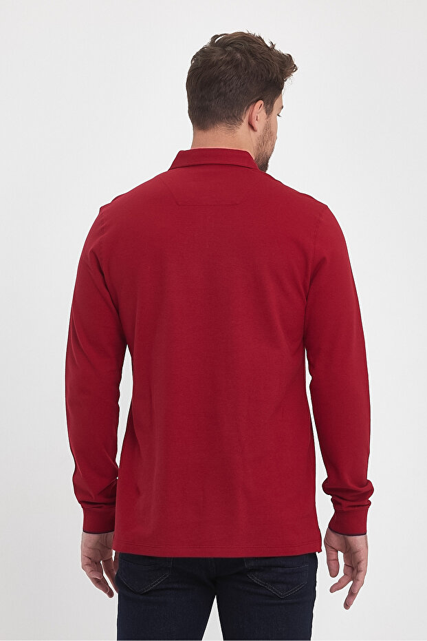 Men's Long Basic Polo Neck Red Sweatshirt with Pockets - 7