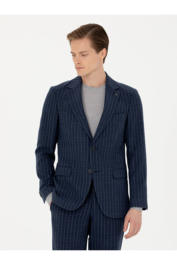 Navy Blue Striped Slim Fit Wool Blended Classic Jacket 50273655-Vr033