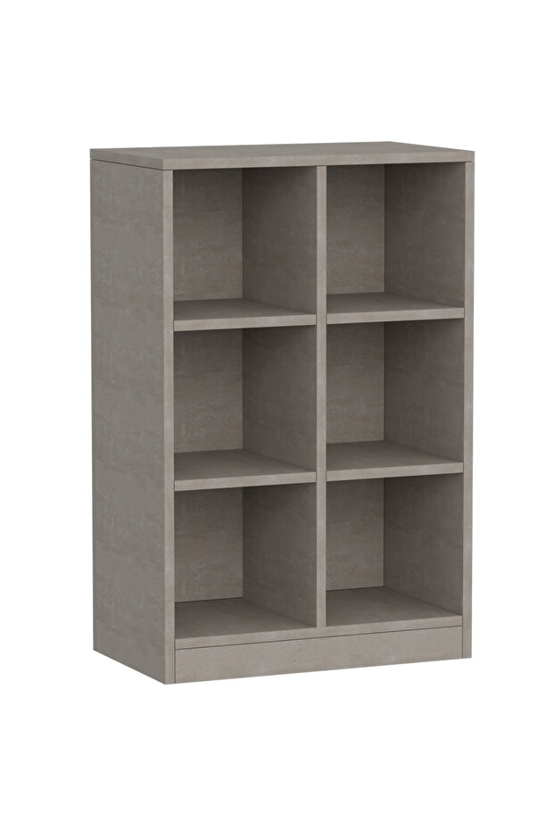 Wooden Display Shelves with 6 Storage Compartment, Freestanding, Light Concrete
