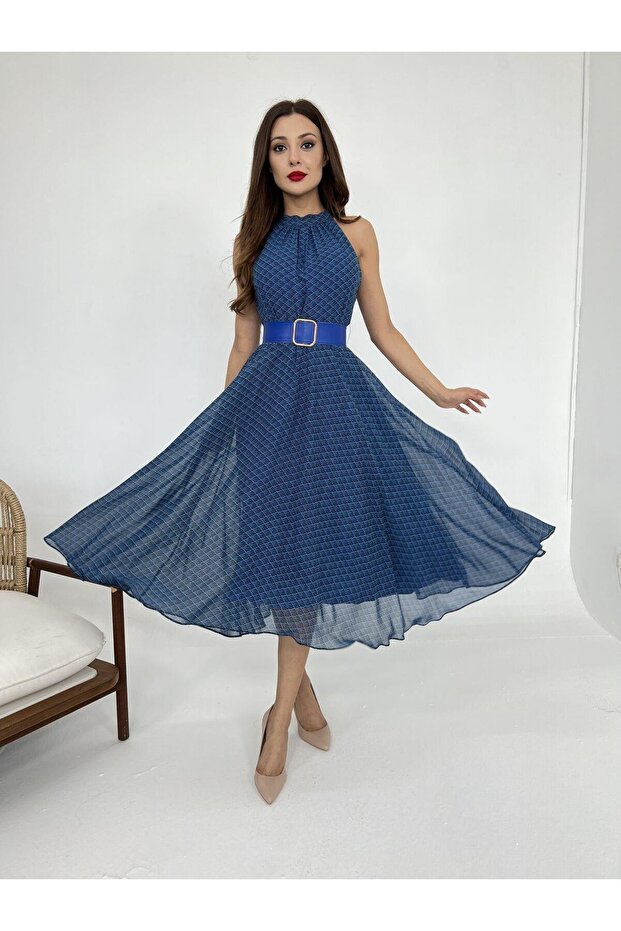 Seashell Patterned Halter Neck Flared Dress - 3