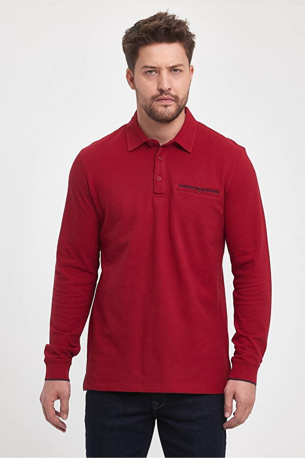 Men's Long Basic Polo Neck Red Sweatshirt with Pockets - 5