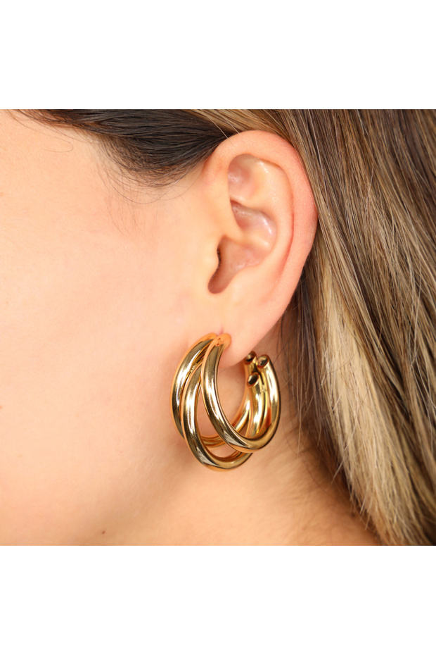 Steel Women's Earrings, Three Rows Half Hoop, Gold Color, No:70