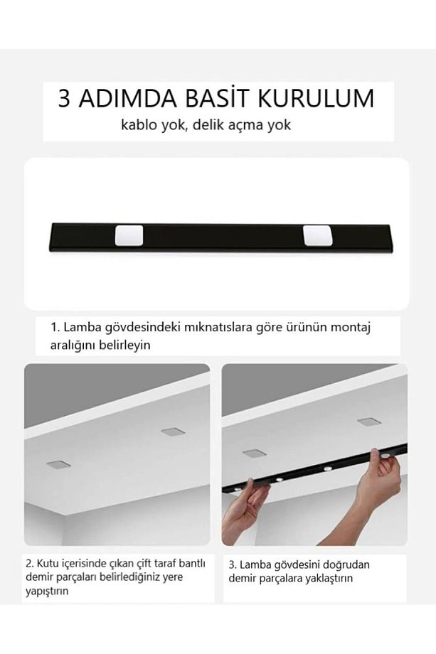 3 Adet 60 cm Sensörlü, Sensörsüz Kullanılabilir Usb Şarjlı Taşınabilir Mutfak, Dolap, Gece Lambası - 6