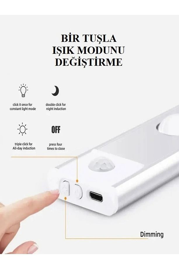 3 Adet 60 cm Sensörlü, Sensörsüz Kullanılabilir Usb Şarjlı Taşınabilir Mutfak, Dolap, Gece Lambası - 9