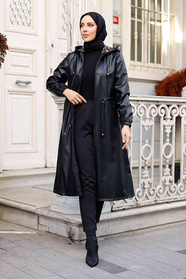 Women's Hooded Leather Cap with Pockets