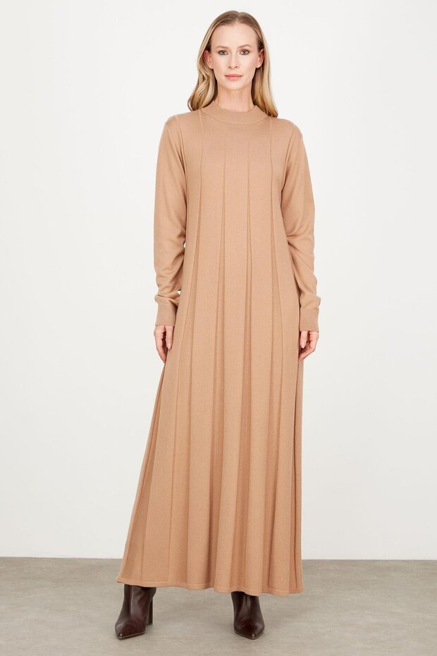 Kalın Piliseli Triko Elbise CAMEL - 2