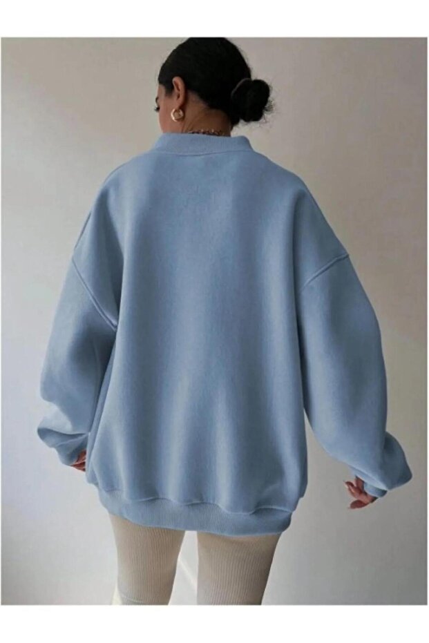 Kadın Bebe Mavi V Yaka Oversize Sweatshirt - 4