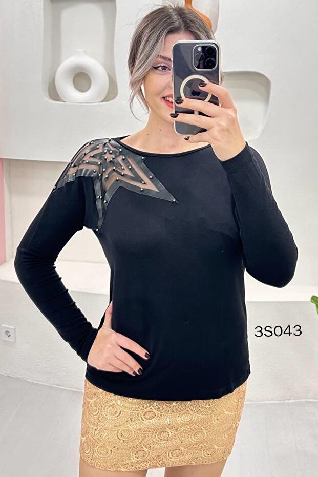 V-Neck Sleeves Stone Embroidered Knitwear Blouse 6K078