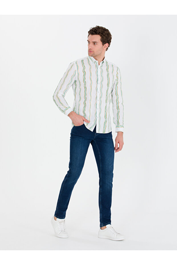 Green Slim Fit 100% Cotton Striped Shirt 50265585-Vr054