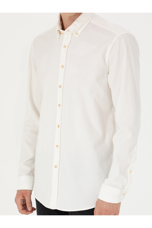 Ekru Regular Fit Uzun Kollu Kadife Gömlek 50278523-VR019 - 6