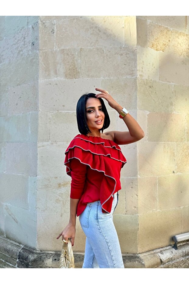 Tek Omuz Volanlı Triko - 5