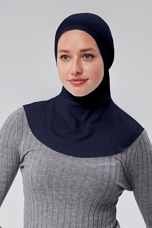 Women's Practical Hijab with Sports Neck Collar, Snap-On Bonnet, Combed Cotton Fabric, Navy Blue