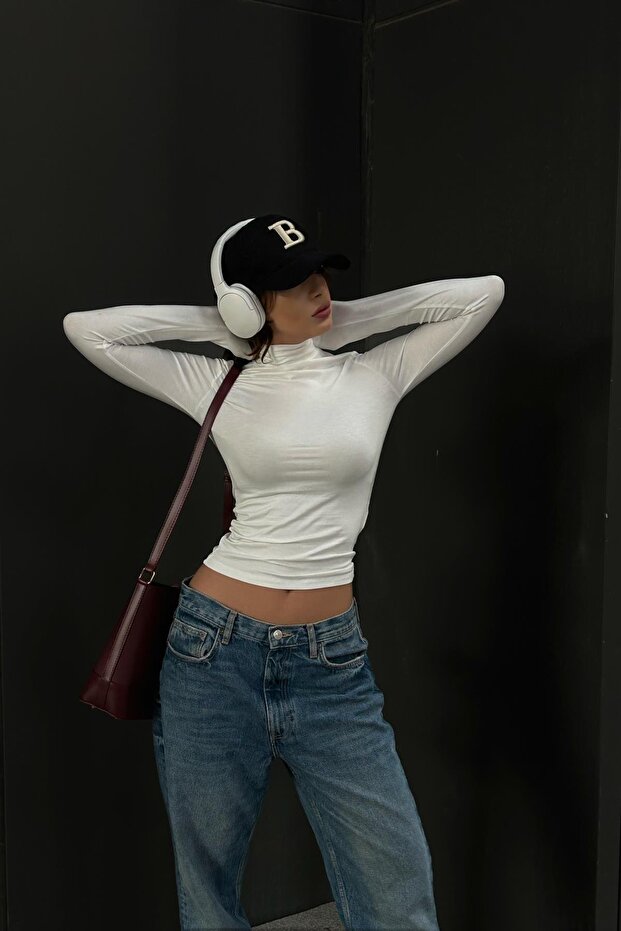 Dik Yaka Uzun Kollu Basic Bluz Ekru - 2