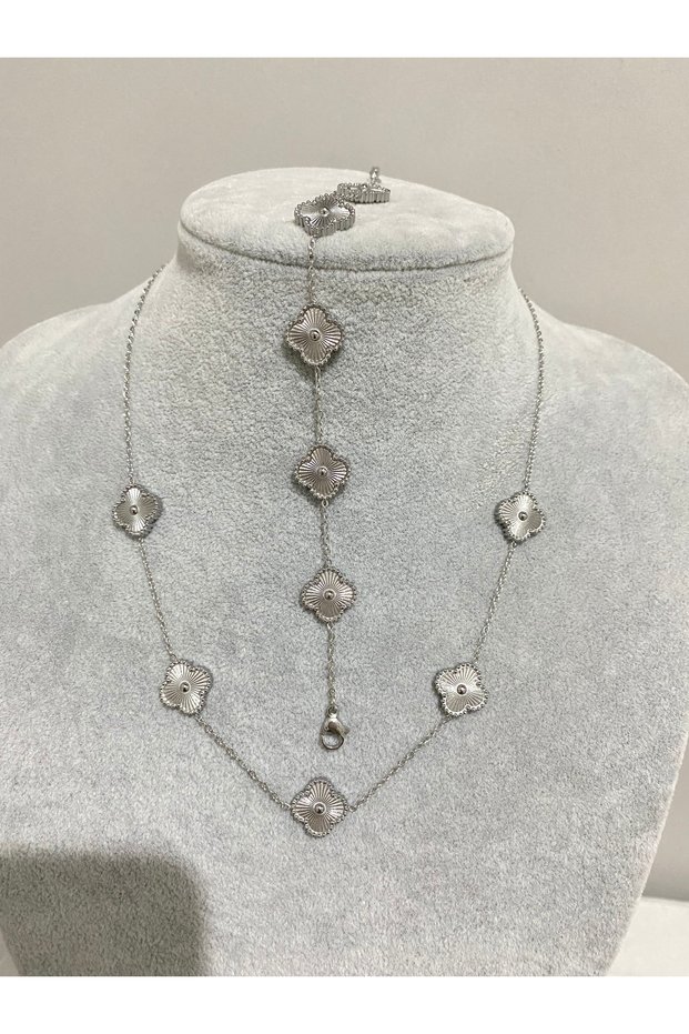 Steel Silver Color Necklace Bracelet Set (Clover Model Silver Necklace Bracelet Set)