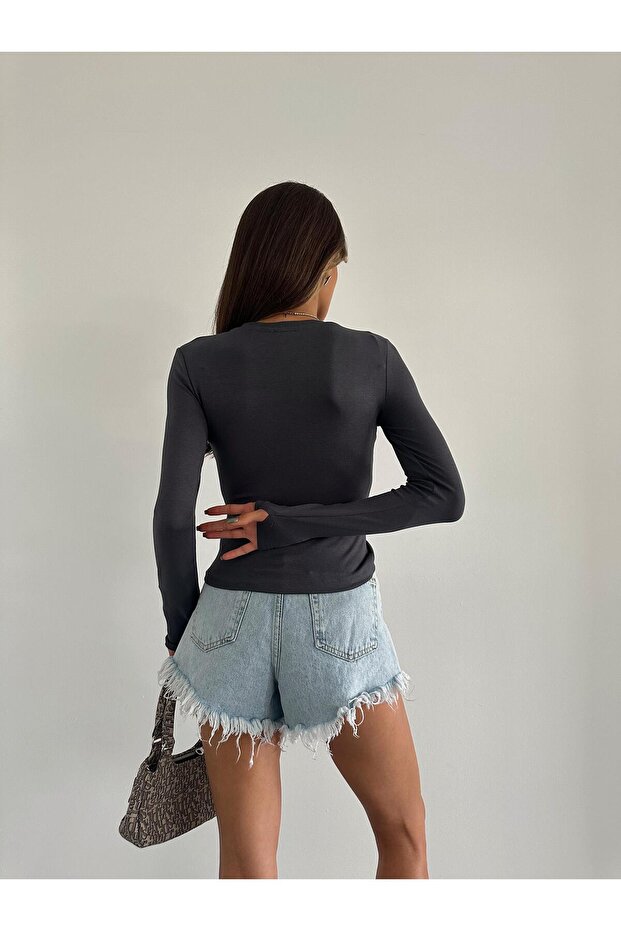 Massimo Pamuklu Basic Bluz Antrasit - 4