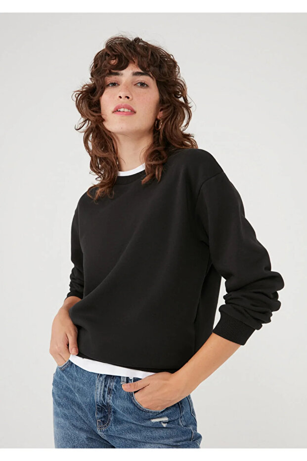 Bisiklet Yaka Siyah Basic Sweatshirt 1610198-447 - 1