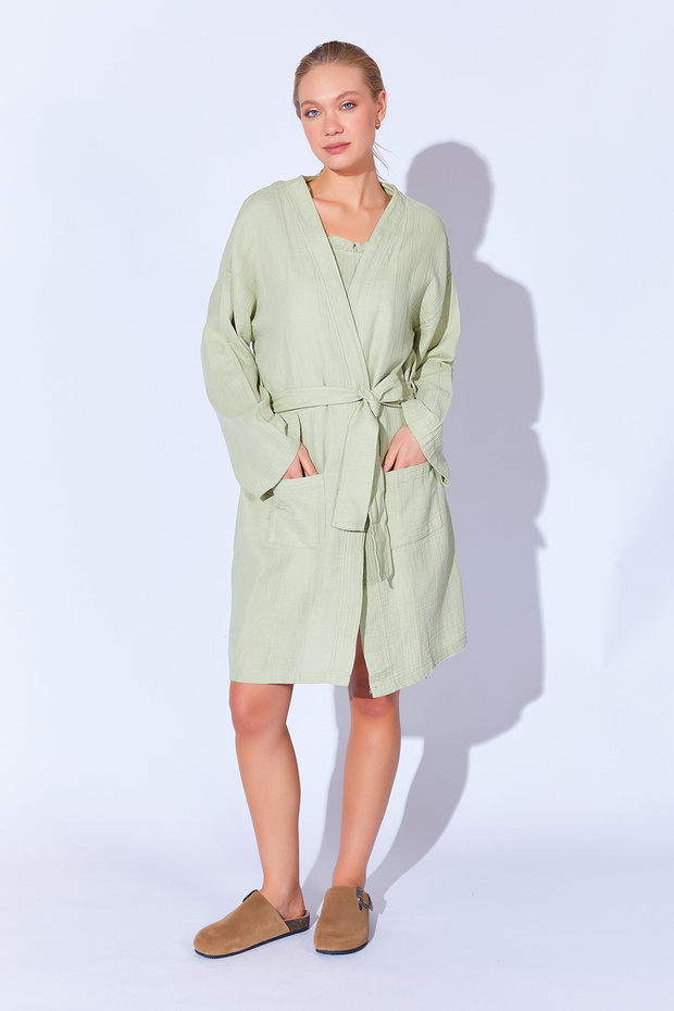 100% Organic Cotton Muslin Washable Dressing Gown Kimono Çağla | Mkw359976-01