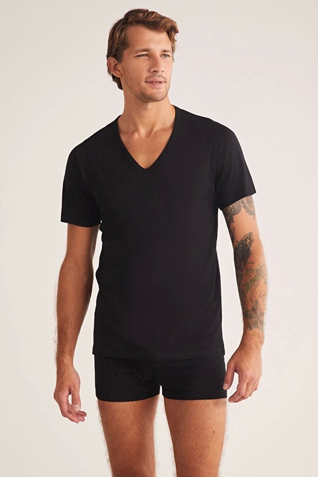 Enrico V-Neck Cotton 2-Piece Men's T-Shirt - Black