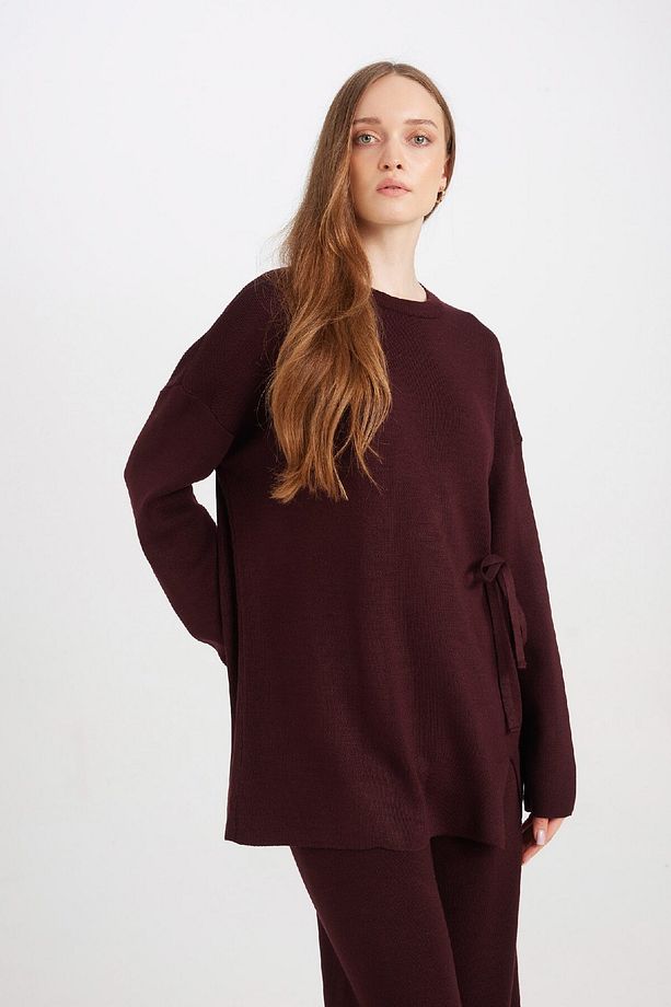 Regular Fit Bisiklet Yaka Bağlamalı Basic Düz Triko Kazak Tunik D7508ax24wn - 4