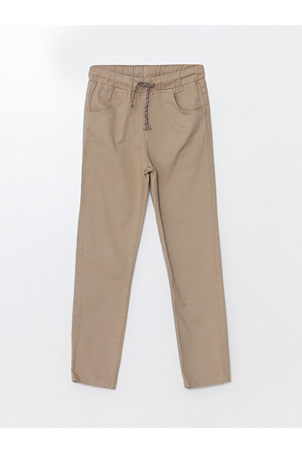 Beige Elastic Waist Slim Fit Girls' Trousers
