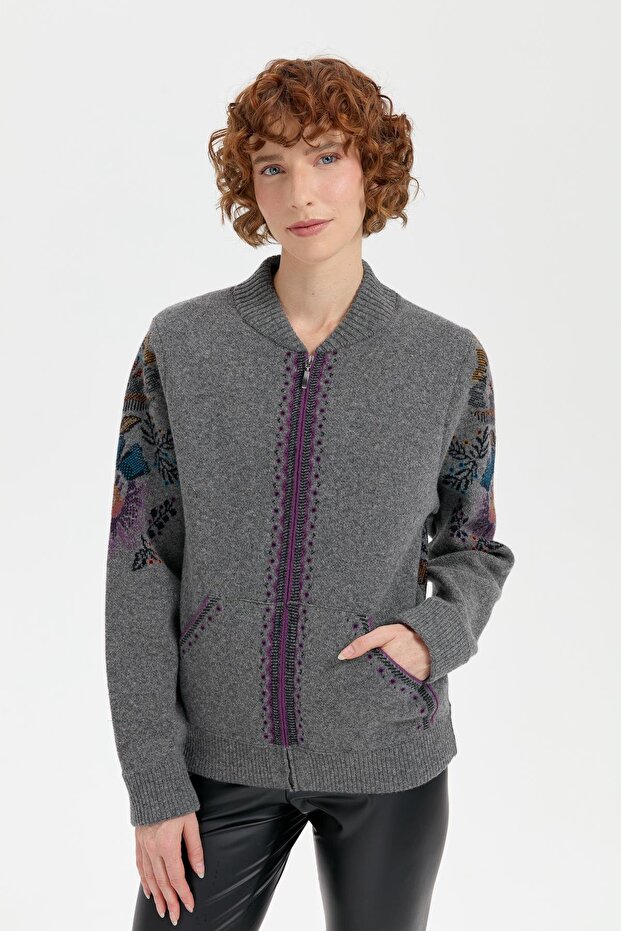 Women's Hakim Collar Wool Coat with Floral Pattern on the Back and Sleeves, Smoked