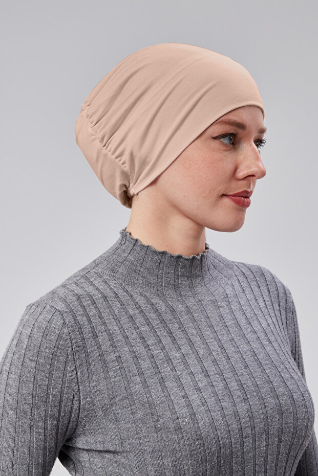 Practical Non-Slip Beige Hijab with Snap and Elastic Bonnet - 3