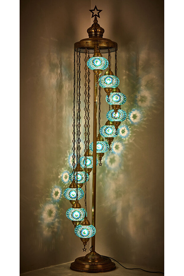 El Yapımı Otantik Mozaik Renkli Cam Lambader Taban Lambası Ayaklı Lambader 11 Camlı 2.1 Metre - 1