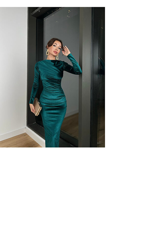 NŐI hosszú ujjú Malenkov bársony ruha drapériás részletekkel - 2