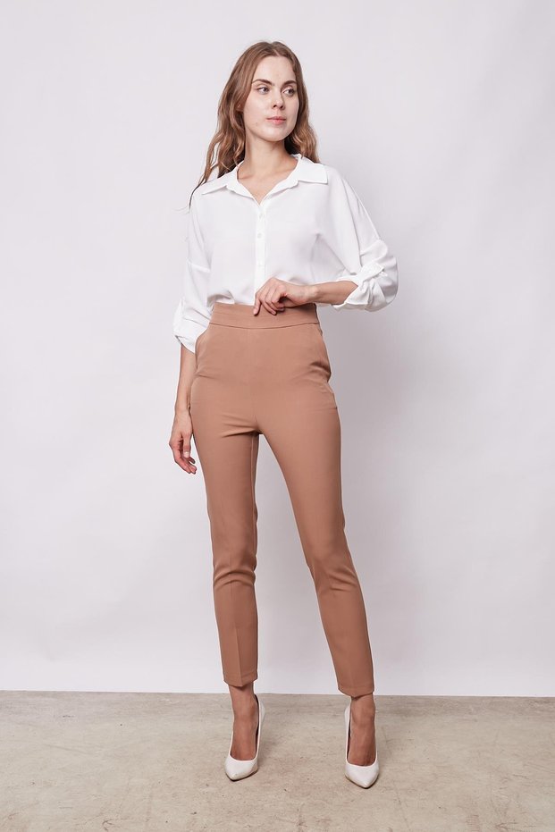 Women's High Waist Side Pocket Skinny Leg Lightweight Lycra Fabric Pants-Camel